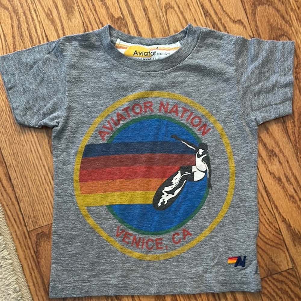 Aviator Nation Heather Gray Short Sleeve Tee with Rainbow Graphic